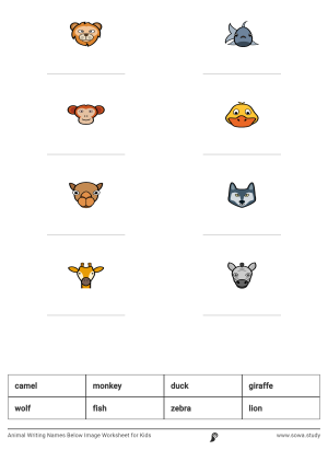 Animal Writing Names Below Image Worksheet for Kids