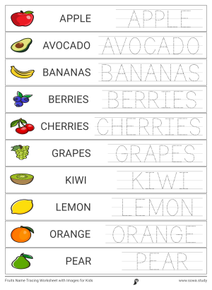 Fruits Name Tracing Worksheet with Images for Kids