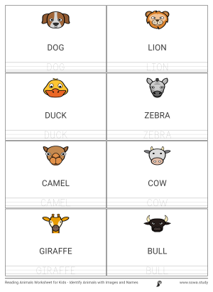 Reading Animals Worksheet for Kids - Identify Animals with Images and Names