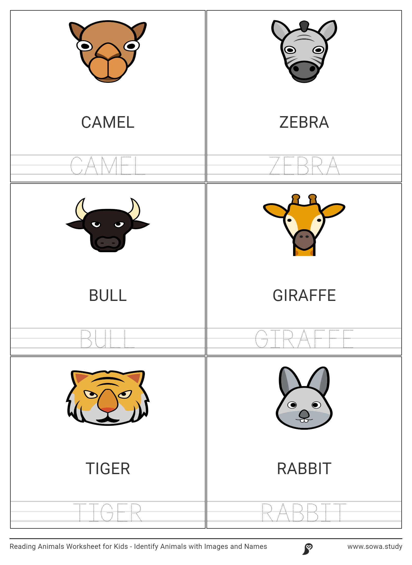 Reading Animals Worksheet for Kids - Identify Animals with Images and Names