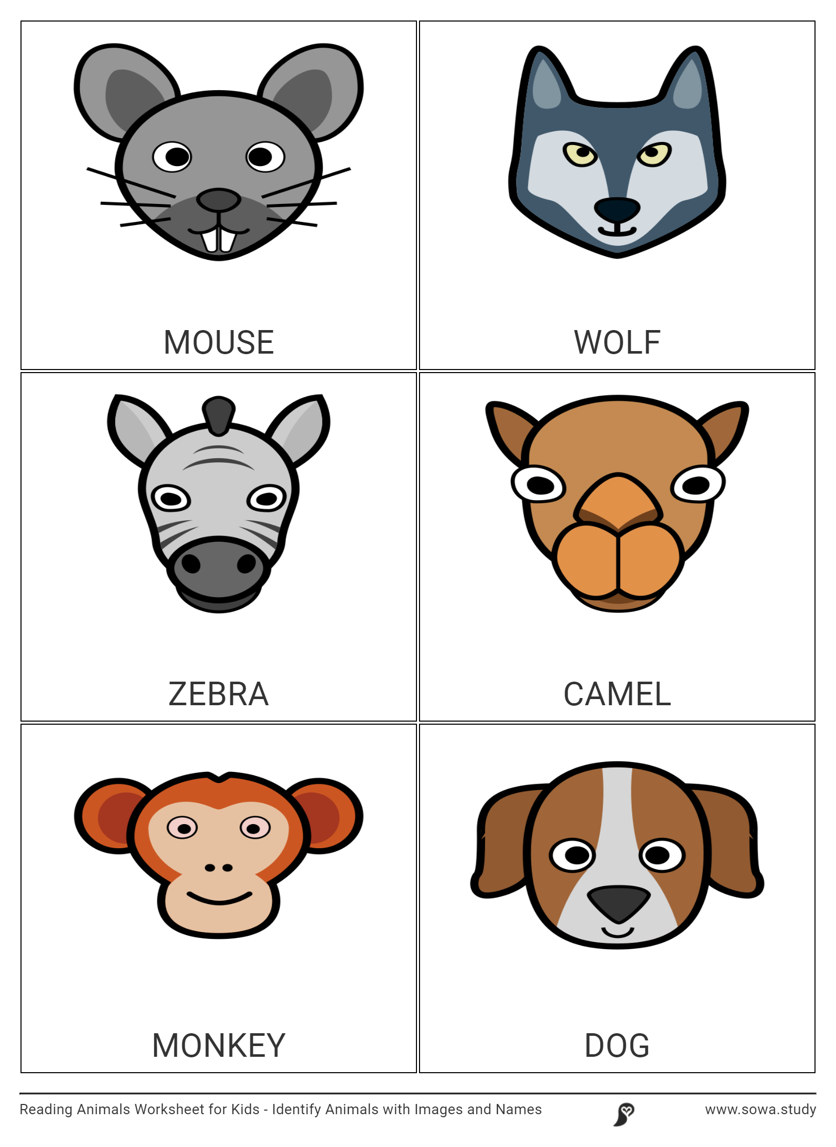 Reading Animals Worksheet for Kids - Identify Animals with Images and Names