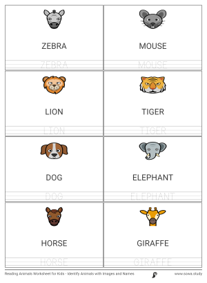 Reading Animals Worksheet for Kids - Identify Animals with Images and Names