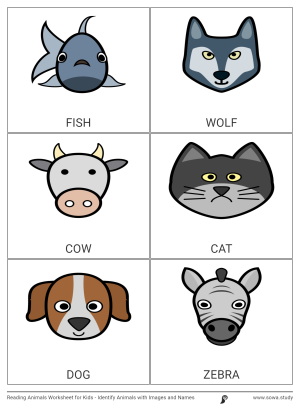 Reading Animals Worksheet for Kids - Identify Animals with Images and Names