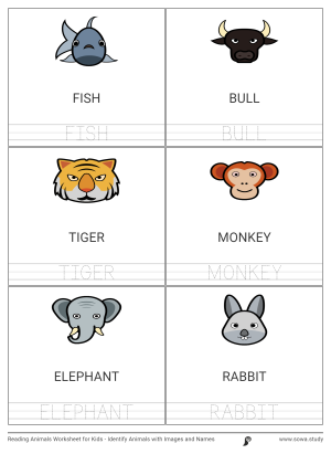 Reading Animals Worksheet for Kids - Identify Animals with Images and Names