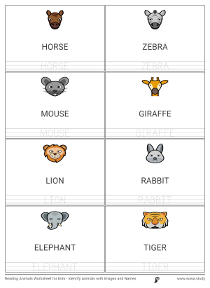 Reading Animals Worksheet for Kids - Identify Animals with Images and Names