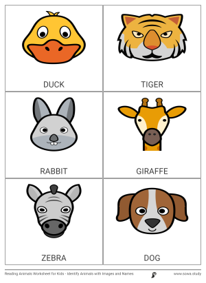 Reading Animals Worksheet for Kids - Identify Animals with Images and Names