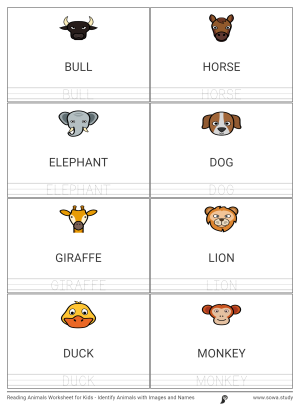 Reading Animals Worksheet for Kids - Identify Animals with Images and Names