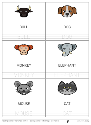 Reading Animals Worksheet for Kids - Identify Animals with Images and Names