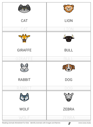 Reading Animals Worksheet for Kids - Identify Animals with Images and Names