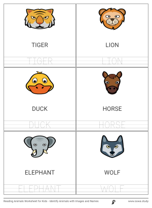 Reading Animals Worksheet for Kids - Identify Animals with Images and Names